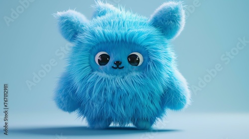 3D rendering of a cute and fluffy blue creature with big eyes and a friendly smile.