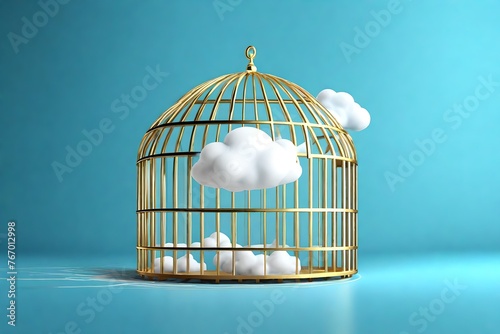 3d render, Abstract white cloud caged inside golden cage, isolated on blue background.