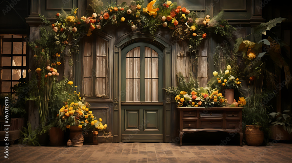 Blooming Serenity: A Rustic Wooden Door Framed by Vibrant Flowers, Inviting Tranquility and Charm into the Scene, a Captivating Fusion of Nature and Architecture.