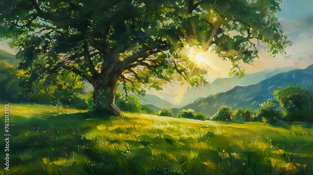 Nature's Glow: Sunlight Peeking Through Tree Branches onto Lush Meadow Nature's Glow: Sunlight Peeking Through Tree Branches onto Lush Meadow