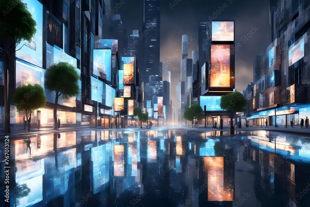 3D Rendering of billboards and advertisement signs at modern buildings in capital city with light reflection from puddles on street. Concept for night life, never sleep business district center - obrazy, fototapety, plakaty 