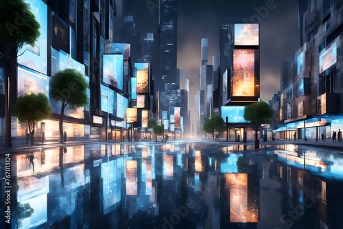 3D Rendering of billboards and advertisement signs at modern buildings in capital city with light reflection from puddles on street. Concept for night life, never sleep business district center