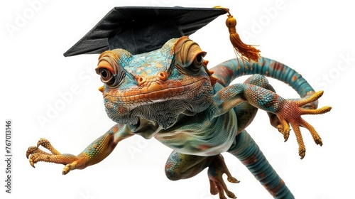 A cheerful funny chameleon in an academic cap jumps and flies over a white space. Graduation, education, study concept