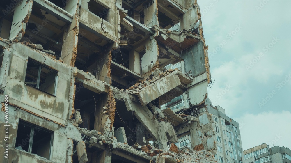 Modern building in ruins: a close-up view of urban destruction and decay Modern building in ruins: a close-up view of urban destruction and decay