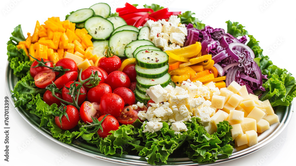 Salad featuring cheese and fresh vegetables on white.