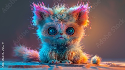 A cute and colorful 3D rendering of a fluffy creature with big eyes. It has a rainbow mane and tail, and is sitting on a soft, white surface.