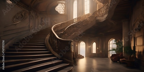 vintage Grand  spiral Staircase in a Luxurious Mansion with sunny windows