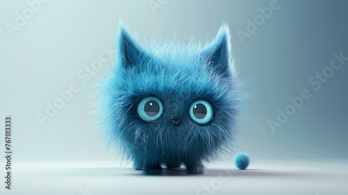 A cute and cuddly blue kitten with big eyes and a fluffy tail. It is standing on a white surface and looking at the camera.