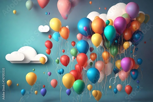 abstract 3d rainbow with clouds and colorful balloons, happy birthday