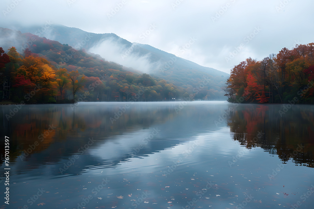 A serene lake surrounded by autumn foliage and misty mountains: Capturing the beauty of nature during fall season. 