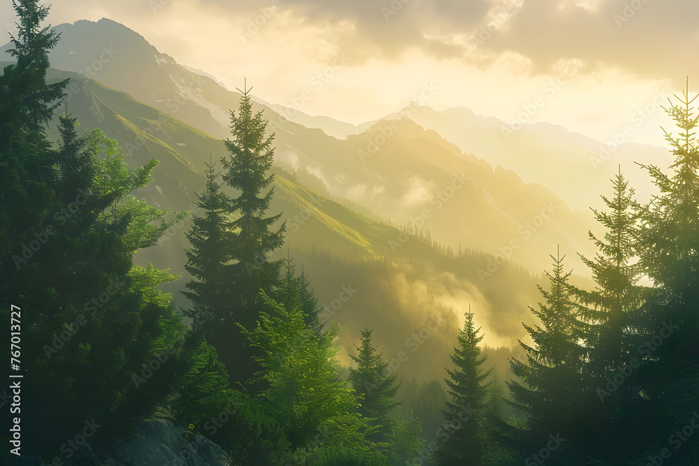 A serene mountain landscape at sunrise: Capturing the beauty and tranquility of nature