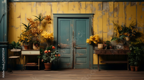 Sunlit Charm: A Vibrant Yellow Wall Adorned with Delicate Flowers Framing a Weathered Rustic Door, Inviting Tales of Timeless Beauty and Tranquility.