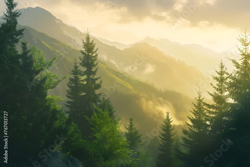 A serene mountain landscape at sunrise: Capturing the beauty and tranquility of nature