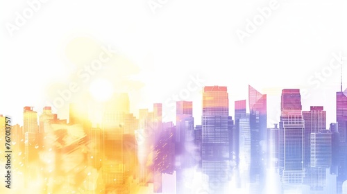 colorful morning light washing over a metropolitan skyline double exposure watercolor graphic design asset      