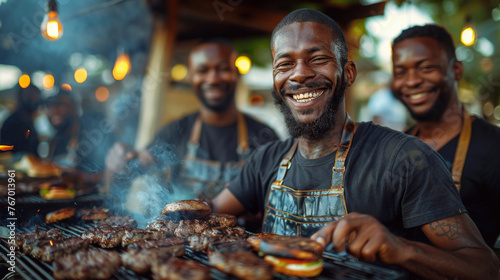 A black man with a beard, grilling burgers on a grill, happy smiling, a group of black men with beards around him
