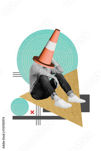 Exclusive magazine picture sketch collage image of upset guy traffic cone instead head isolated painting background photo