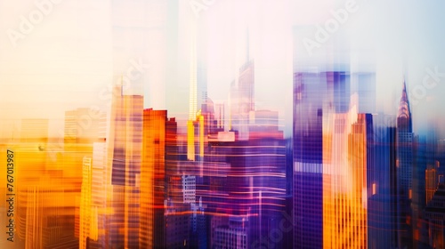 gradient skyline of a metropolis during early morning light double exposure watercolor graphic design asset wallpaper © pier