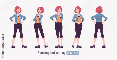 Attractive young woman standing, waiting posing. Adult red choppy bob haircut girl wearing cool jacket, capri pants, Mary Jane clog shoes, youth people streetwear clothing style. Vector illustration