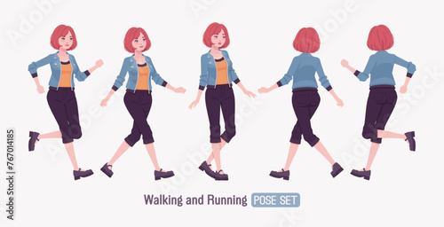 Attractive young woman walk, run hurry posing. Adult red choppy bob haircut girl wearing cool jacket, capri pants, Mary Jane clog shoes, youth people streetwear clothing style. Vector illustration
