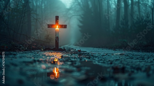 a cross with a candle in the middle of a road