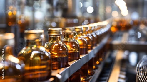 Close-up of brown alcohol bottles with gold caps moving along a high-tech conveyor in a beverage production plant