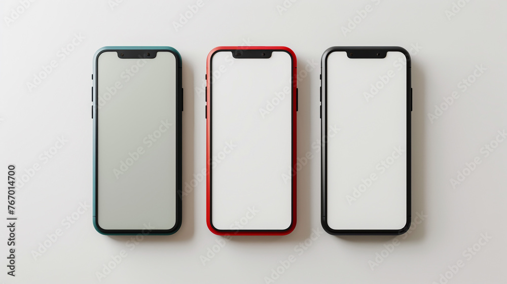 Smartphone mockup featuring three color variations with blank screen on white. Smartphone mockup featuring three color variations with blank screen on white.