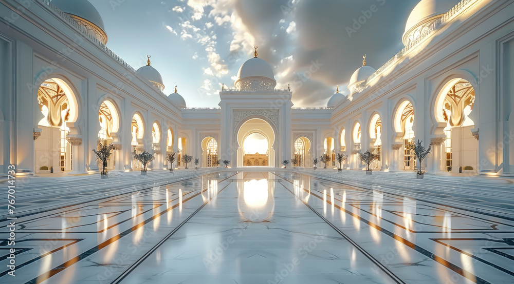 White model of the Royal Palace, Rectangle of white walls and arched windows. Generative AI.