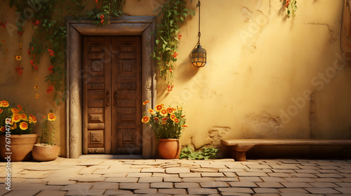 Sunlit Charm: A Vibrant Yellow Wall Adorned with Delicate Flowers Framing a Weathered Rustic Door, Inviting Tales of Timeless Beauty and Tranquility.