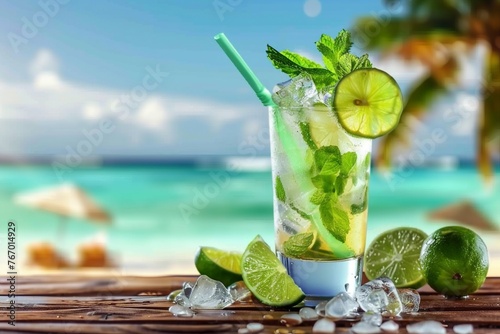Mojito drink on wood with blur beach background. generative ai.