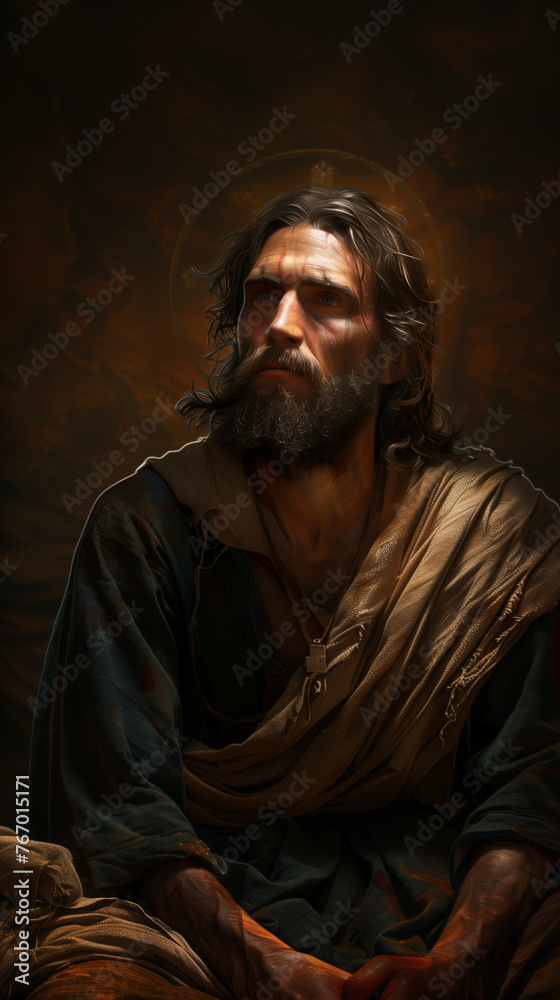 Portrait of Jesus- religious leader revered in Christianity, one of the world’s major religions. He is regarded by most Christians as the Incarnation of God. 
