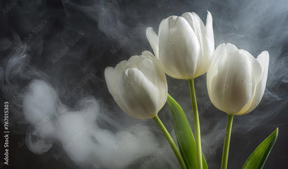 Tulipany, białe kwiaty. Abstrakcyjne tło kwiatowe - obrazy, fototapety, plakaty 