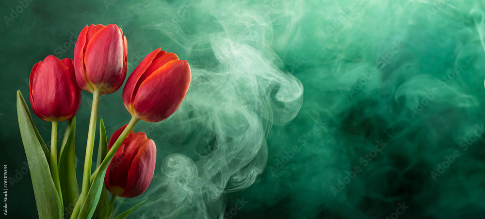 Zielone tło kwiatowe. Wiosenne kwiaty, czerwone tulipany. Abstrakcyjny dym. Puste miejsce - obrazy, fototapety, plakaty 