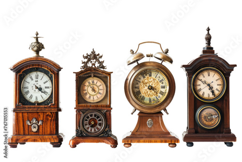 Three Clocks Aligned Next to Each Other. On a Clear PNG or White Background. photo