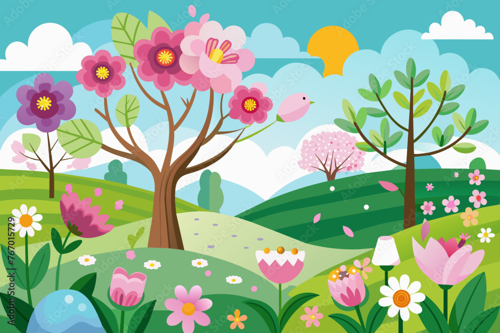 Fototapeta premium spring landscape with flowers and trees
