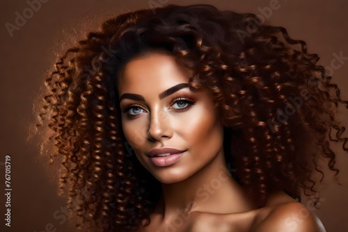 Beauty, natural hair and skincare with woman, hair care and wellness cosmetics portrait against brown studio background. Healthy skin, makeup and glow 