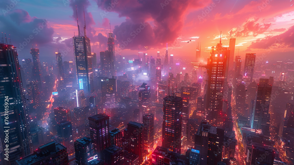 Design a futuristic cyberpunk cityscape. AI generative