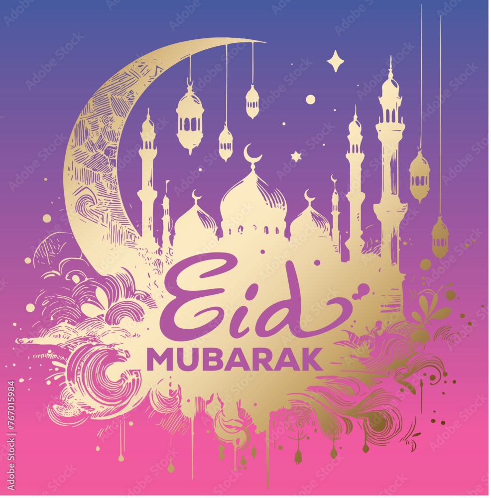 Greetings card Eid Mubarak vector stencil drawing in gold