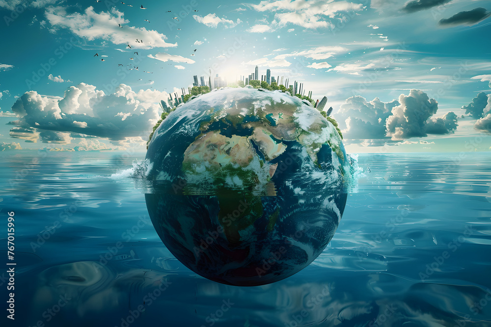 Global warming and climate change concept. World Water Day. Planet earth, flood. Catastrophe and disaster. Impact of environmental degradation. Pollution and destruction of ecosystems. AI generative. - obrazy, fototapety, plakaty 