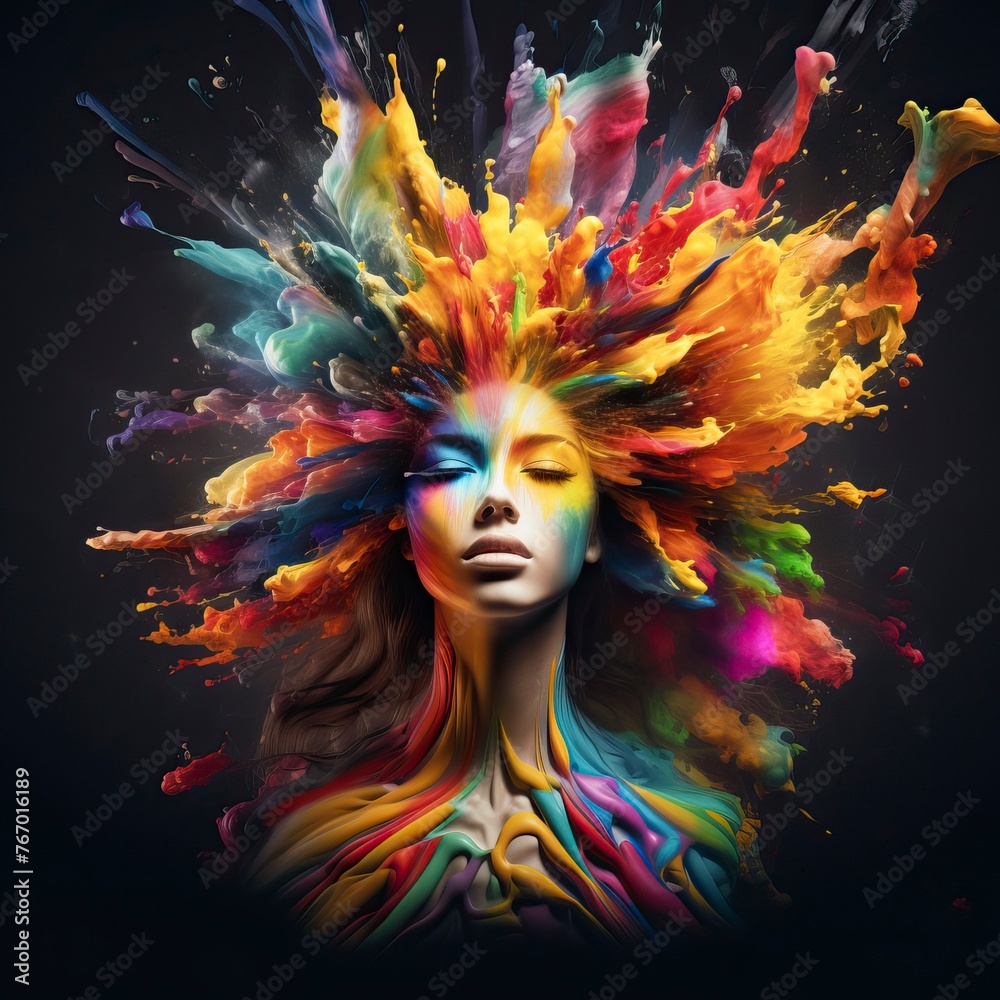 Colorful painted explosion in head. Concept of creative mind and imagination
