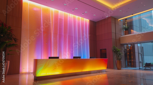 The lobby alive with light and color  as LED panels behind the reception desk cast a mesmerizing glow  infusing the space with vibrancy.