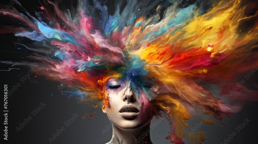 Colorful painted explosion in head. Concept of creative mind and imagination Colorful painted explosion in head. Concept of creative mind and imagination