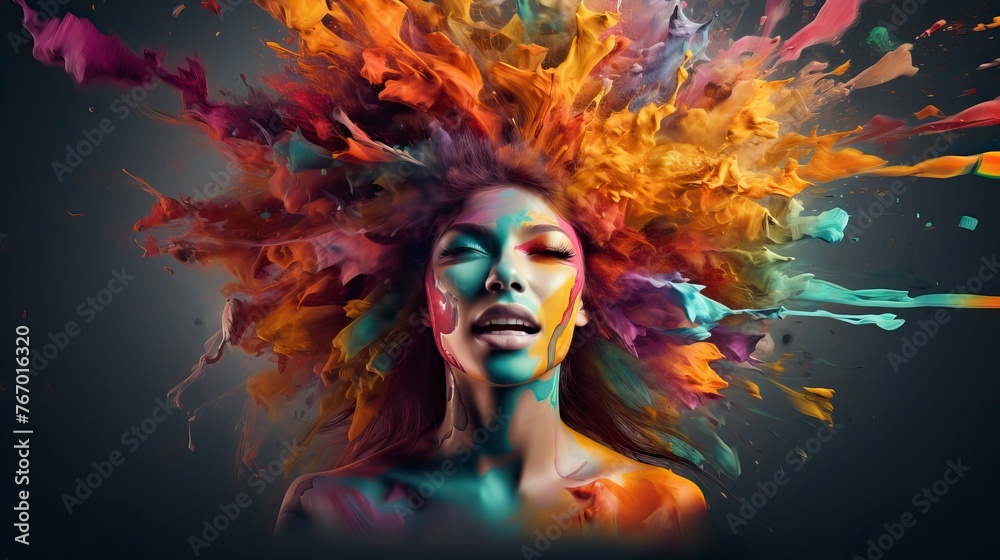 Colorful painted explosion in head. Concept of creative mind and imagination