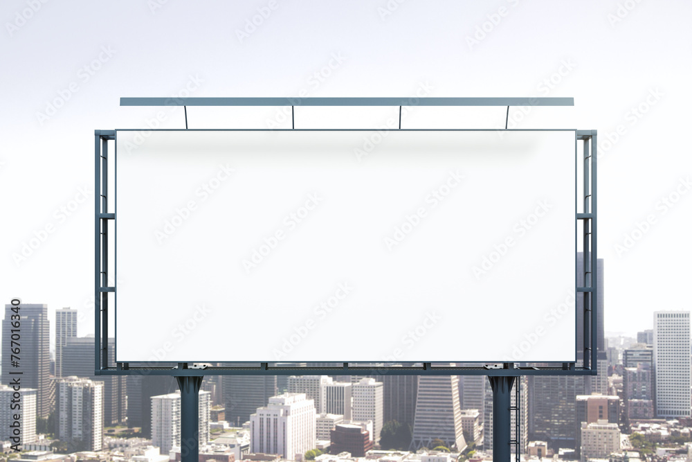 Blank white horizontal billboard on skyline background at daytime, front view. Mock up, advertising concept Blank white horizontal billboard on skyline background at daytime, front view. Mock up, advertising concept