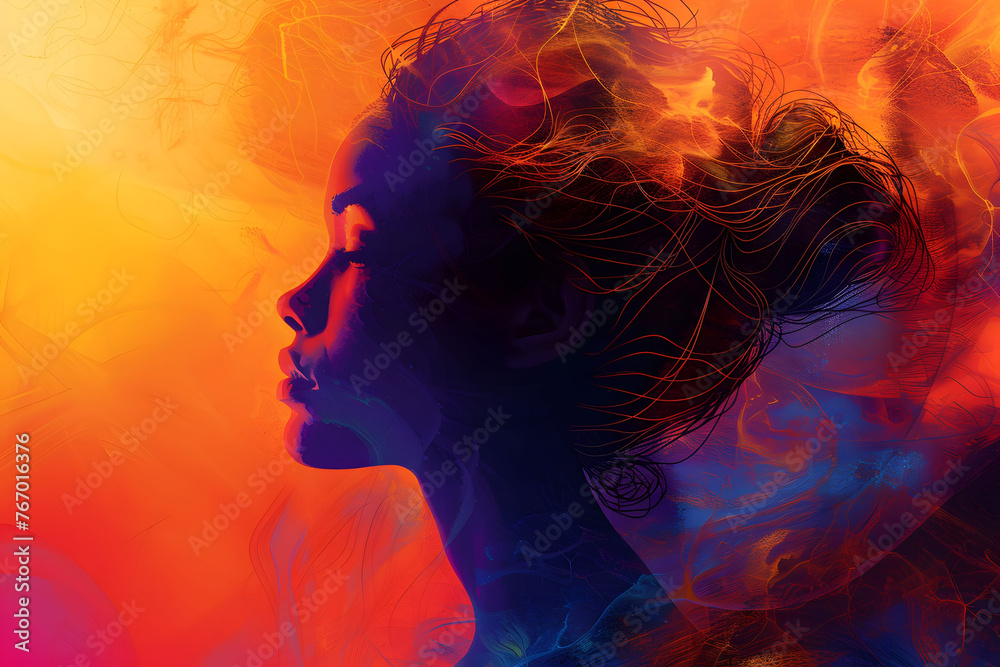 abstract art a single female profile set against a blend of warm and cool hues abstract art a single female profile set against a blend of warm and cool hues