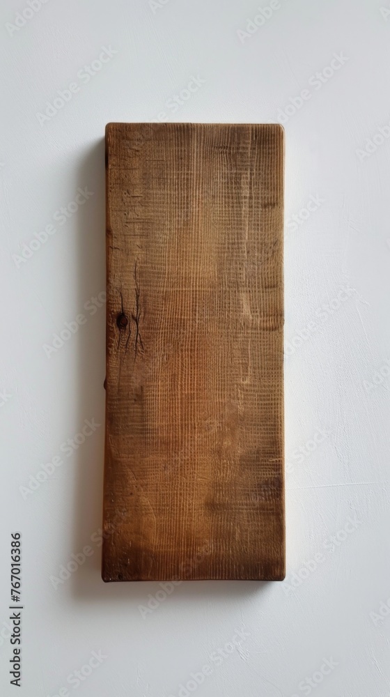 A rectangular MDF wooden plate vertically mounted on a white wall - obrazy, fototapety, plakaty 