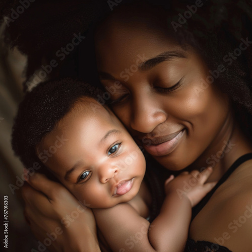 A Portrait of a beautiful black mother, with her nursing baby 