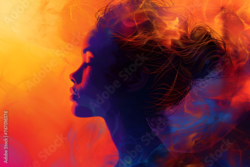 abstract art a single female profile set against a blend of warm and cool hues