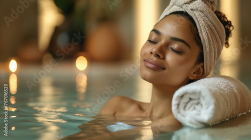 Beautiful ethnic woman relaxing in the hot tub, beauty therapy in the spa salon. Beauty salon and wellness center creative background. Candles and flowers.