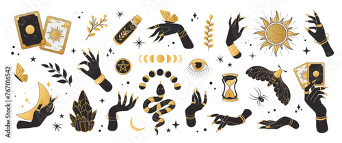 Boho mystical, esoteric set of vector icons and stickers. Black and gold color.  Witch's hands, tarot cards, eye, snake, lunar day, moth, spider, crystals, potion