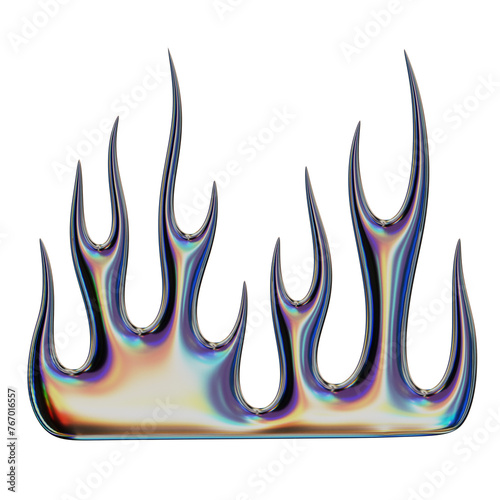 3D flame. Trendy Y2K element. Iridescent colorful burning fire shape with glossy gradient effect. 3D render. Isolated illustration.